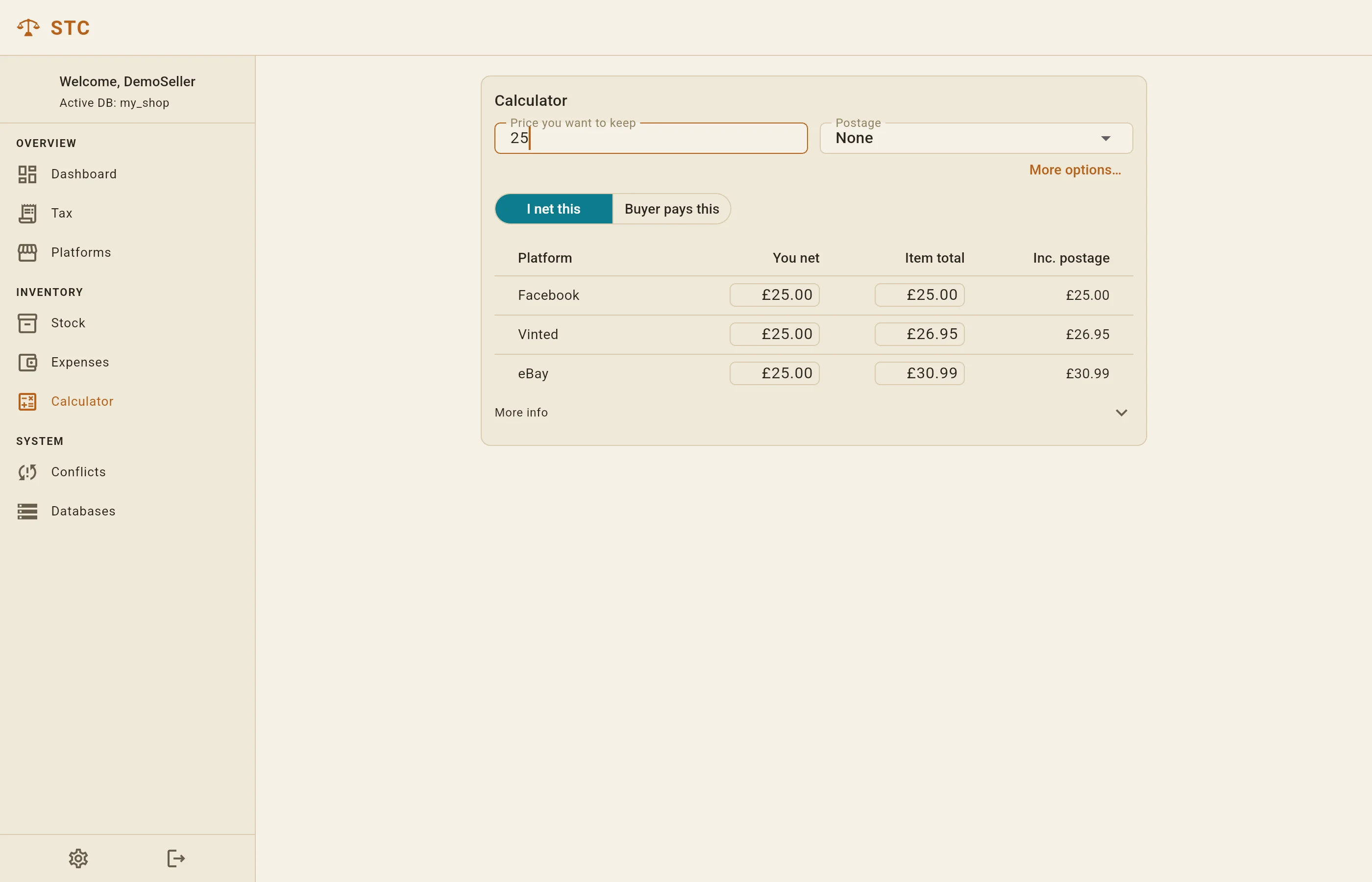 The pricing calculator showing what to list at on Facebook, Vinted and eBay to net 25 pounds