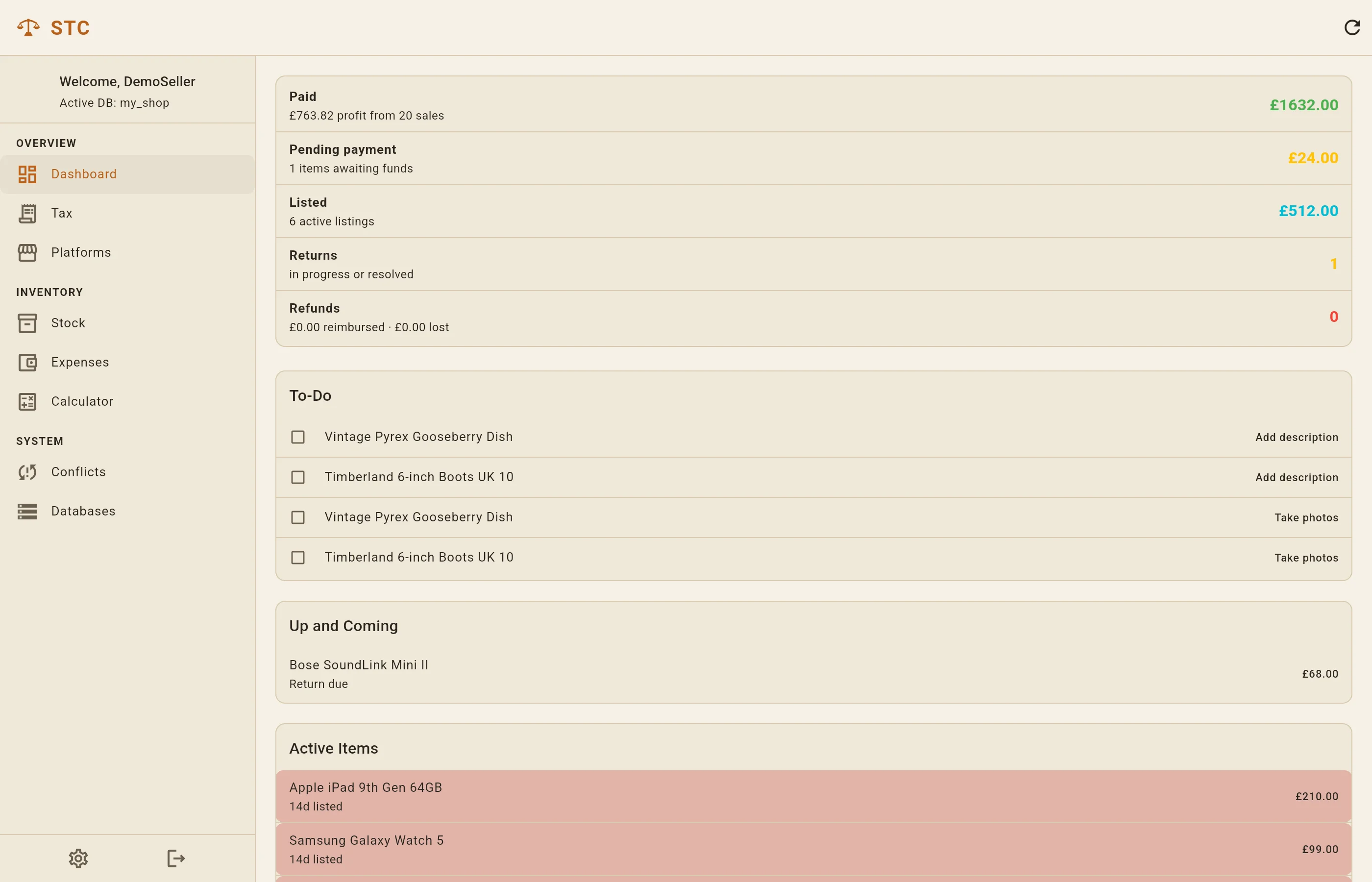 The STC dashboard showing paid, pending and listed totals, a to-do list and active items