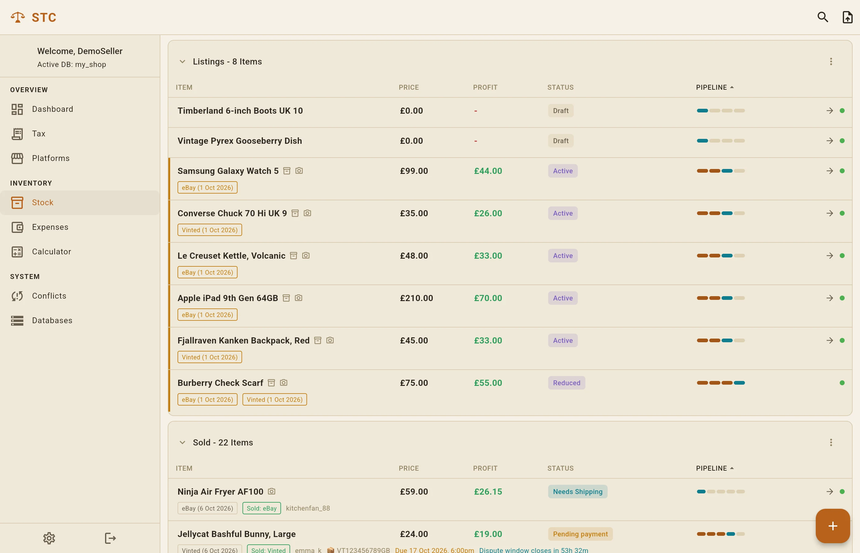 The stock list with items grouped into listings and sold, each with price, profit, status and pipeline